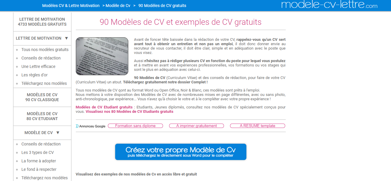 Site Modele-CV-lettre pour télécharger des modèles de CV